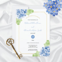 Hydrangeas Faire-part de mariage cadre or bleu