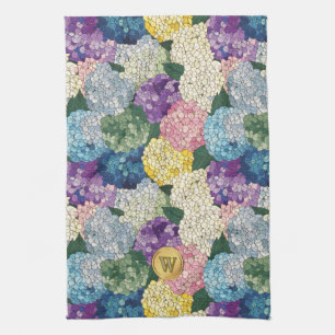 Hydrangeas Floral Faux Stained Glass Monogram Kitchen Towel