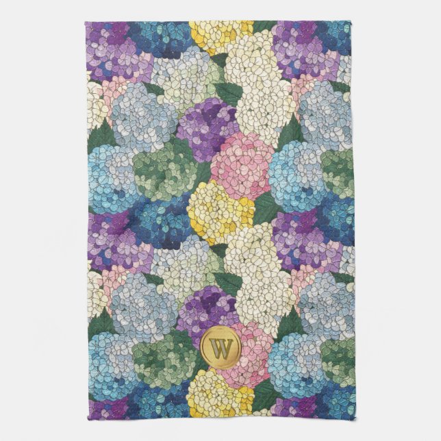 Hydrangeas Floral Faux Stained Glass Monogram Kitchen Towel (Vertical)