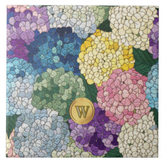 Hydrangeas Floral Faux Stained Glass Monogram Tile