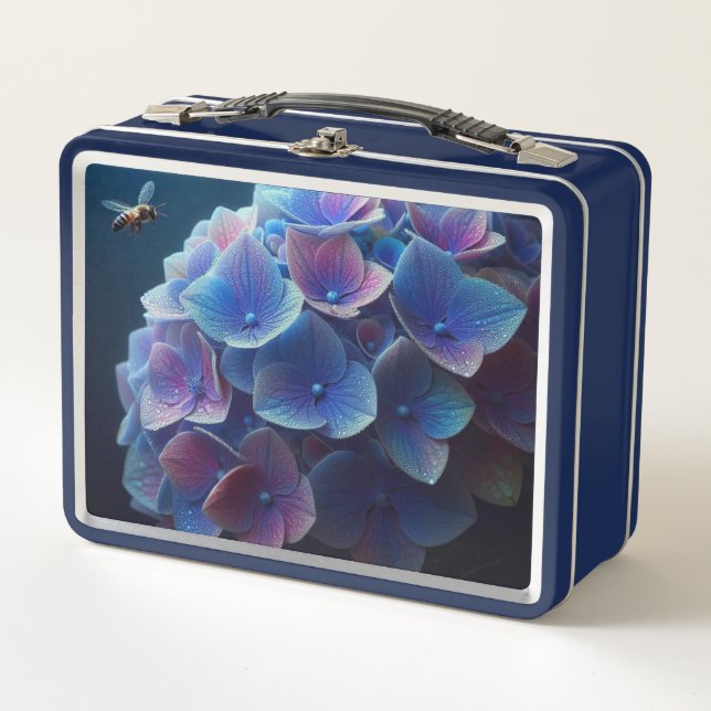 Hydrangeas Floral Purple and Blue Metal Lunch Box (Front)
