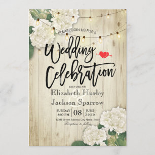 Hydrangeas Floral Rustic Wood String Light Wedding Invitation