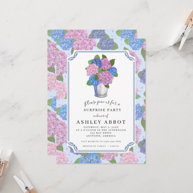 Hydrangeas Invitation 5x7 (A7 Size) Blues & Pinks (Front/Back In Situ)