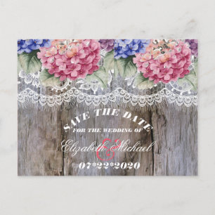 Hydrangeas Lace & Barn Wood Wedding Save the Date Announcement Postcard