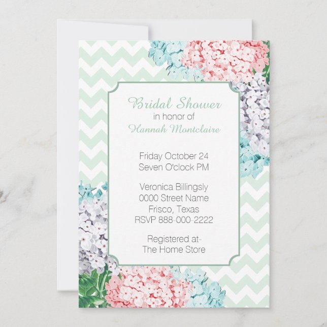 Hydrangeas on Chevron Bridal Shower Invitation (Front)