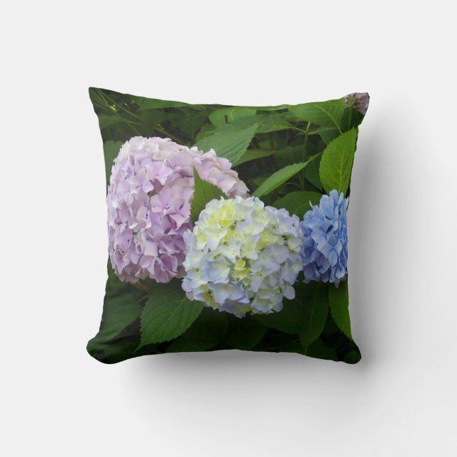 Hydrangeas, pink flowers, blue purple flowers throw pillow (Front)