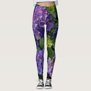 Hydrangeas romantic pink blue purple floral leggings