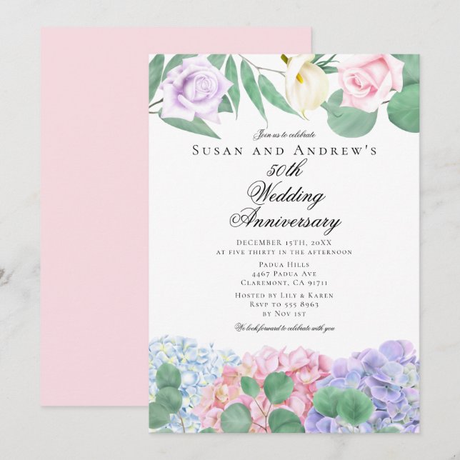 Hydrangeas Roses Wedding Anniversary Invitations (Front/Back)
