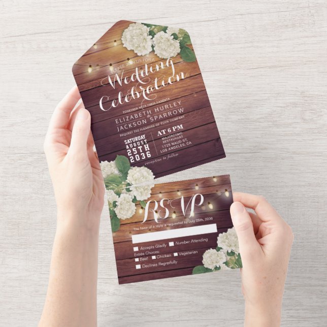 Hydrangeas String Lights Rustic Wood Wedding RSVP  All In One Invitation (Tearaway)