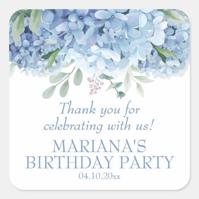 Hydrangeas Watercolor Floral Birthday Party Favour Square Sticker (Front)