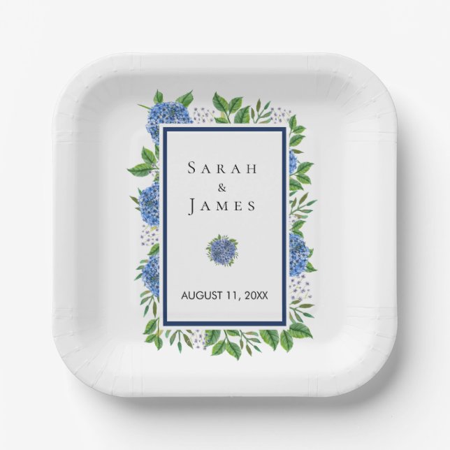 Hydrangeas Watercolor Wedding Plates for Reception (Front)