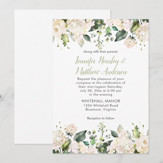Hydrangée blanche Faire-part de mariage verdoyant  (Devant / Derrière)