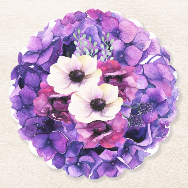 Hydranger in Purple with White Flowers Paper Coaster (Front)