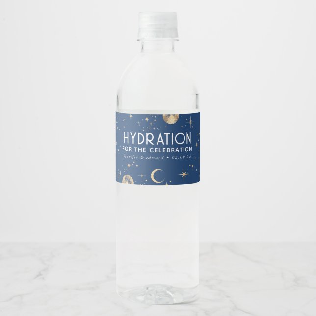 Hydration for the Celebration Celestial Navy Blue Water Bottle Label (Front)