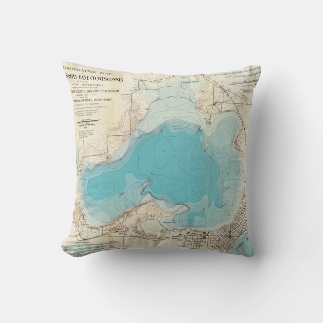 Hydrographic map Lake Mendota Throw Pillow (Front)