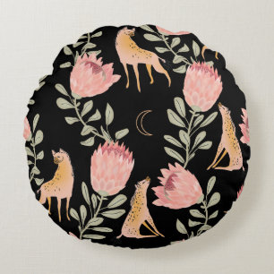 Hyena & Protea: Black Background Seamless Round Pillow