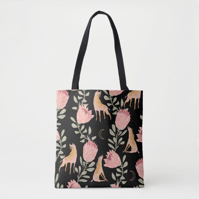 Hyena & Protea: Black Background Seamless Tote Bag (Front)