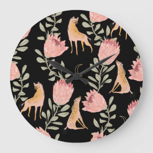 Hyena & Protea: Dark Vintage Pattern Large Clock