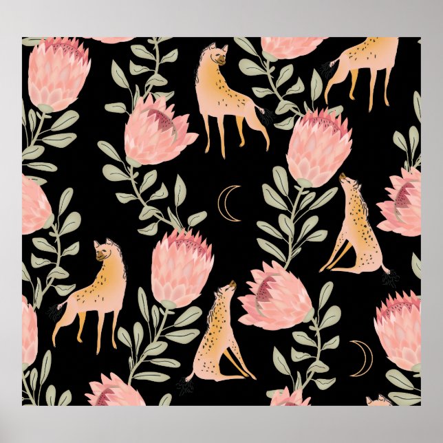 Hyena & Protea: Dark Vintage Pattern Poster (Front)