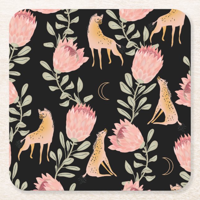 Hyena & Protea: Dark Vintage Pattern Square Paper Coaster (Front)