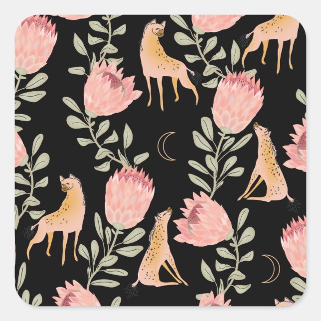 Hyena & Protea: Dark Vintage Pattern Square Sticker (Front)
