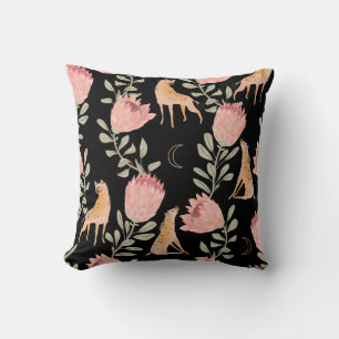 Hyena & Protea: Dark Vintage Pattern Throw Pillow