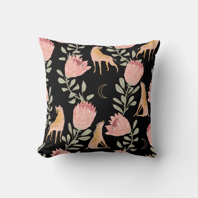 Hyena & Protea: Dark Vintage Pattern Throw Pillow (Front)