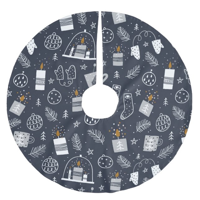 Hygee dark blue white cozy candles mittens gifts brushed polyester tree skirt (Front)