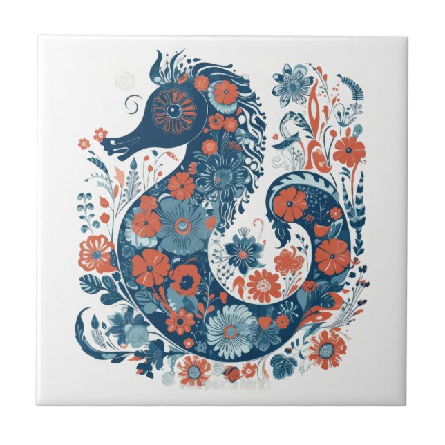 Hygge Blue Floral Seahorse Scandinavian Folk Art Tile (Front)