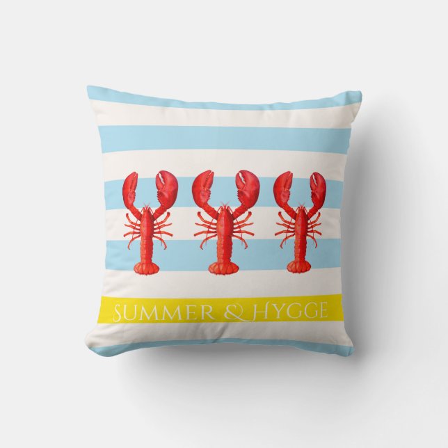 Hygge blue white summer stripes red lobsters throw pillow (Front)