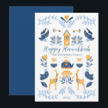 Hygge Blue | Yellow Unique Happy Hanukkah Holiday Card<br><div class="desc">Perfect for your winter holiday greetings,  this unique "Happy Hanukkah" editable design features an array of hygge style graphics arranged into a unique pattern that is cozy and cheerful.  Composite design by Holiday Hearts Designs.</div>