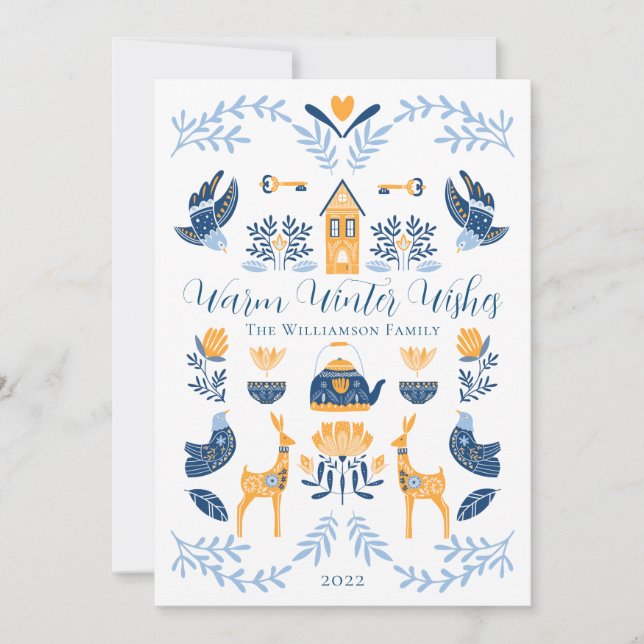 Hygge Blue | Yellow Unique Warm Winter Wishes Holiday Card (Front)