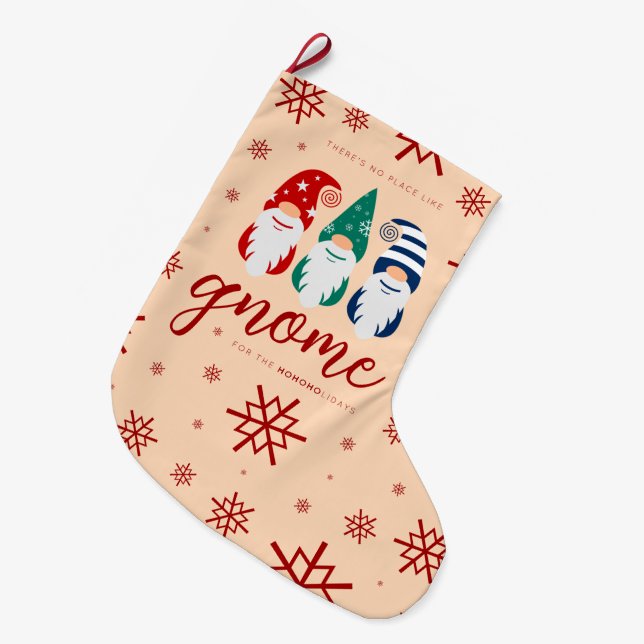 Hygge Christmas Gnome for the Holidays Snowflakes Large Christmas Stocking (Front (Hanging))
