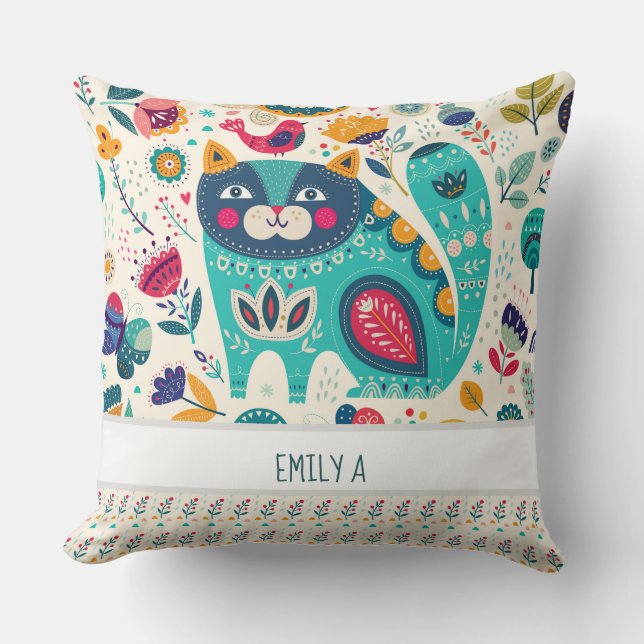 Hygge Decor Personalized Cat Folk Art Gift Throw Pillow (Front)