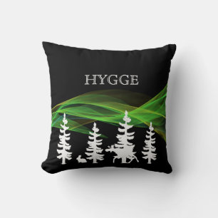 Hygge forest in black white and northern lights throw pillow