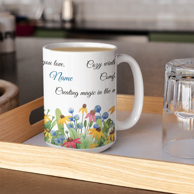hygge, Name on Colourful Watercolor Flowers 15oz  Coffee Mug (Creator Uploaded)
