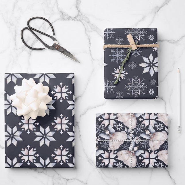 Hygge Snowflakes and Fairies Christmas Wrapping Paper Sheet (Front)