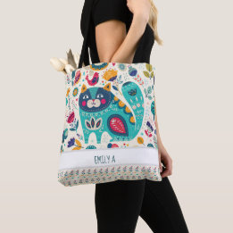 Hygge Totes -Cozy Cat Personalized Folk Art Flower