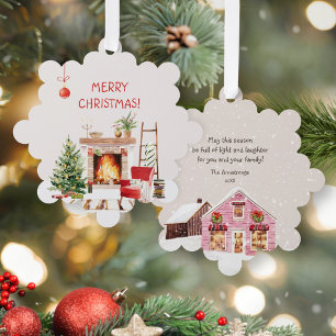 Hygge Watercolor Fireplace Snowflake Christmas Ornament Card