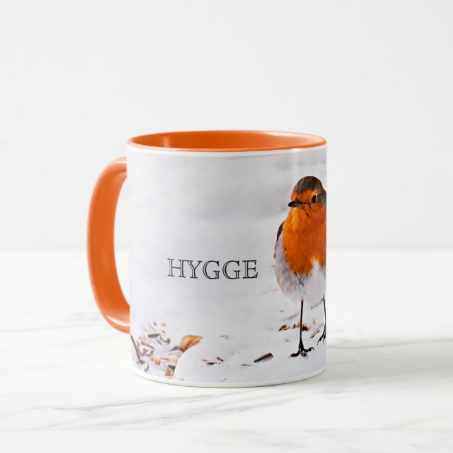 Hygge with a cute robin bird in snow mug (Front Left)
