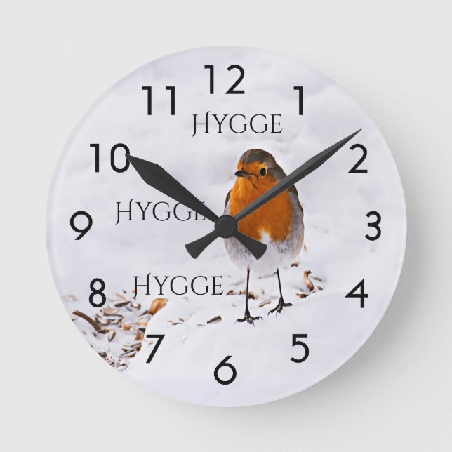 Hygge with a cute Robin bird in snow Round Clock (Front)
