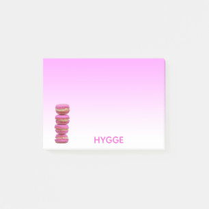 Hygge with macarons on pink and white post-it notes