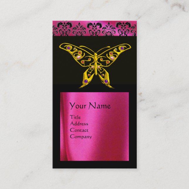 HYPER BUTTERFLY BLACK PINK FUCHSIA SILK DAMASK BUSINESS CARD (Front)