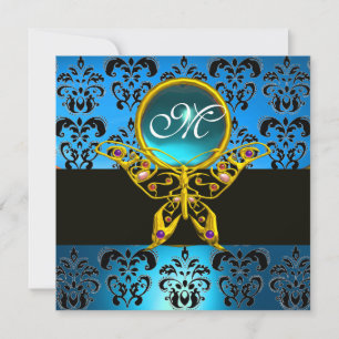 HYPER BUTTERFLY MONOGRAM,blue damask,aquamarine Invitation