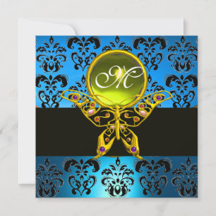 HYPER BUTTERFLY MONOGRAM,blue damask, yellow gem Invitation
