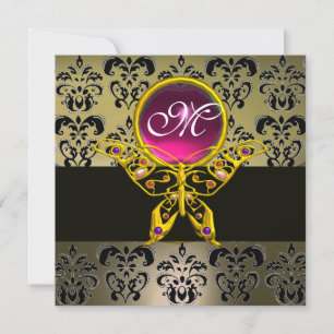HYPER BUTTERFLY MONOGRAM,grey damask pink ruby red Invitation