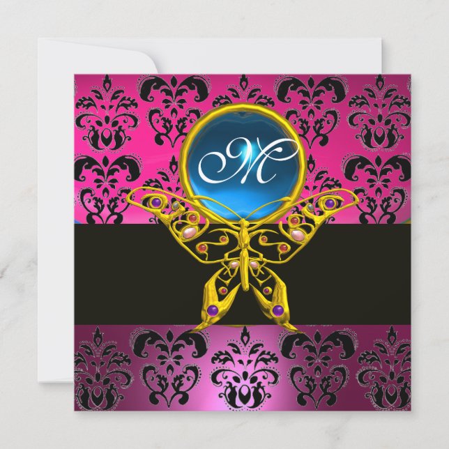 HYPER BUTTERFLY MONOGRAM,pink purple damask blue Invitation (Front)