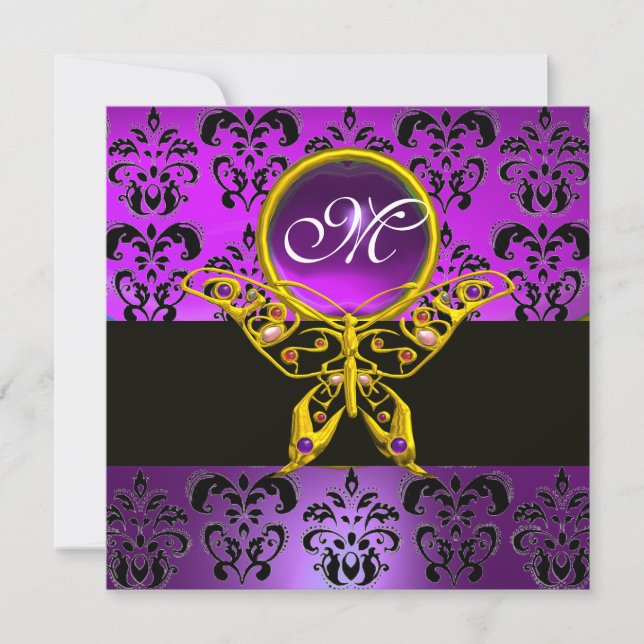 HYPER BUTTERFLY MONOGRAM,purple damask,amethyst Invitation (Front)