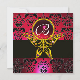HYPER BUTTERFLY MONOGRAM Red Burgundy Damask Gem Invitation