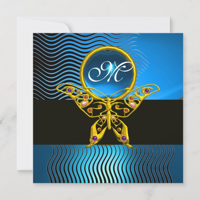 HYPER BUTTERFLY MONOGRAM,waves blue sapphire Invitation (Front)